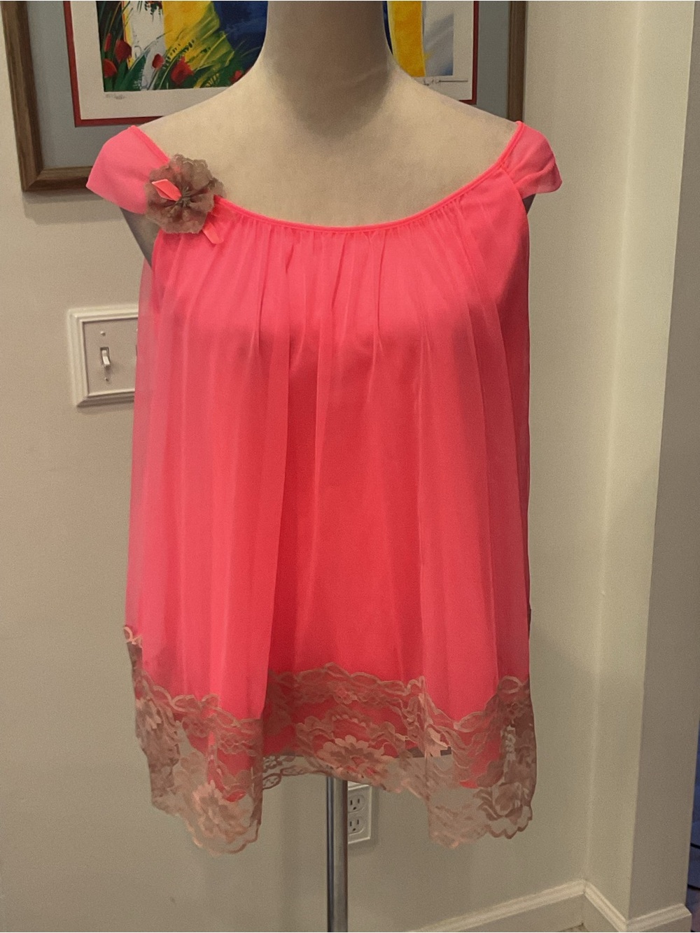 Vintage Chiffon Lace-Trim Chemise in Hot Pink with Nude Accents